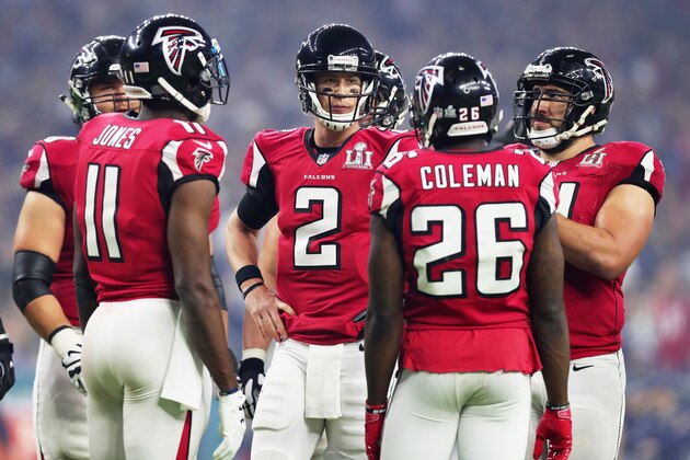 HOUSTON, TX - FEBRUARY 05:  Matt Ryan #2 of the Atlanta Falcons stands in the huddle in the third quarter during Super Bowl 51 at NRG Stadium on February 5, 2017 in Houston, Texas.  (Photo by Tom Pennington/Getty Images)