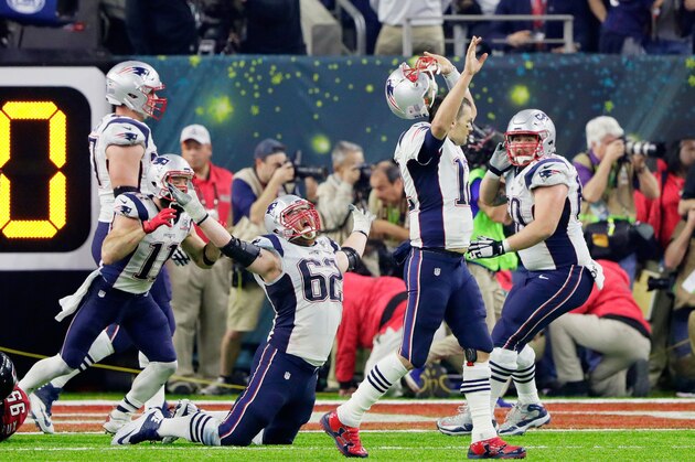 HOUSTON, TX - FEBRUARY 05:  Tom Brady #12 of the New England Patriots reacts after defeating the Atlanta Falcons 34-38 in overtime during Super Bowl 51 at NRG Stadium on February 5, 2017 in Houston, Texas.  (Photo by Jamie Squire/Getty Images)