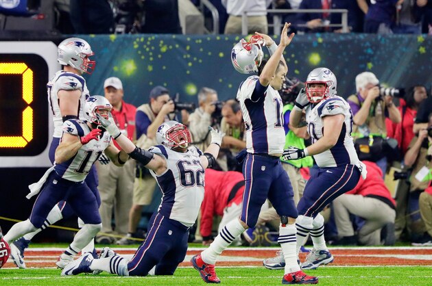 HOUSTON, TX - FEBRUARY 05:  Tom Brady #12 of the New England Patriots reacts after defeating the Atlanta Falcons 34-38 in overtime during Super Bowl 51 at NRG Stadium on February 5, 2017 in Houston, Texas.  (Photo by Jamie Squire/Getty Images)