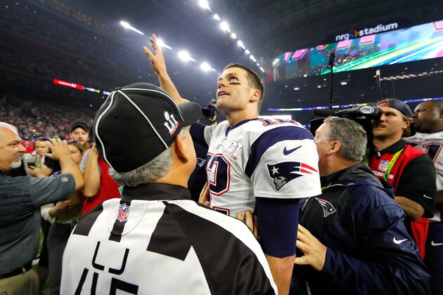 HOUSTON, TX - FEBRUARY 05:  Tom Brady #12 of the New England Patriots celebrates after defeating the Atlanta Falcons during Super Bowl 51 at NRG Stadium on February 5, 2017 in Houston, Texas.  The Patriots defeated the Falcons 34-28.  (Photo by Kevin C. Cox/Getty Images)