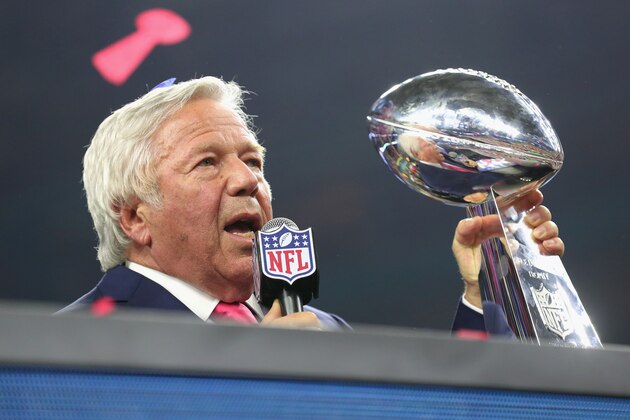 HOUSTON, TX - FEBRUARY 05:  Team owner of the New England Patriots Robert Kraft holds the Vince Lombardi Trophy during Super Bowl 51 at NRG Stadium on February 5, 2017 in Houston, Texas.  (Photo by Tom Pennington/Getty Images)