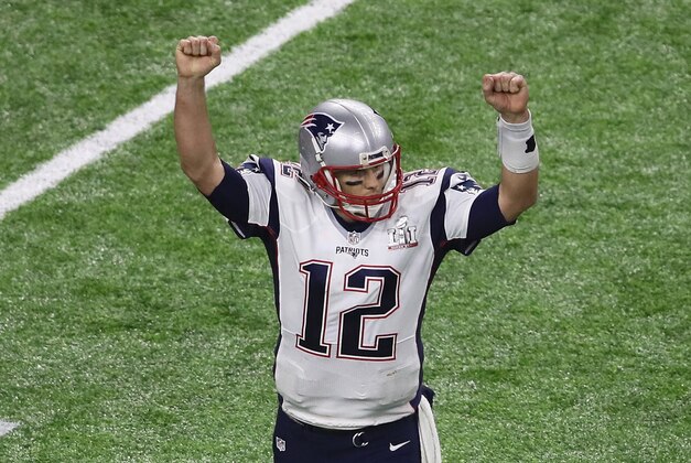 HOUSTON, TX - FEBRUARY 05:  Tom Brady #12 of the New England Patriots celebrates during the fourth quarter against the Atlanta Falcons during Super Bowl 51 at NRG Stadium on February 5, 2017 in Houston, Texas.  (Photo by Ezra Shaw/Getty Images)