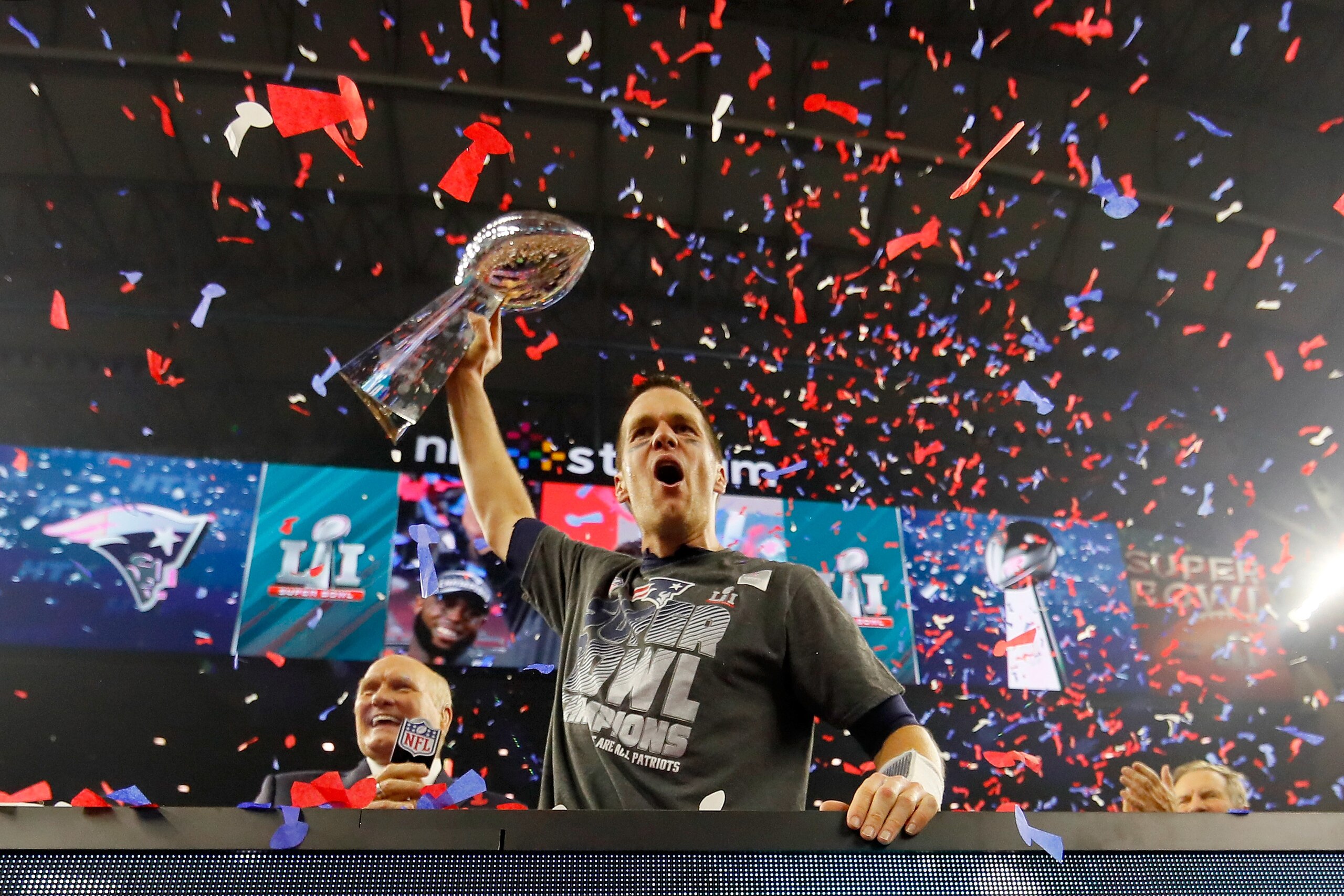 HOUSTON, TX - FEBRUARY 05:  Tom Brady #12 of the New England Patriots celebrates with the Vince Lombardi Trophy after defeating the Atlanta Falcons during Super Bowl 51 at NRG Stadium on February 5, 2017 in Houston, Texas. The Patriots defeated the Falcons 34-28.  (Photo by Kevin C. Cox/Getty Images)