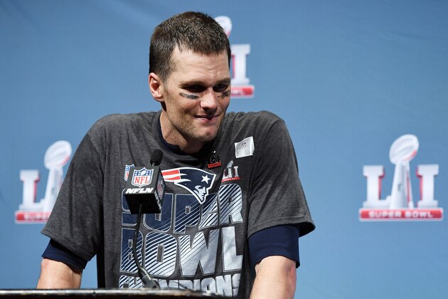 HOUSTON, TX - FEBRUARY 05:  Tom Brady #12 of the New England Patriots speaks to the media after Super Bowl 51 at NRG Stadium on February 5, 2017 in Houston, Texas.  (Photo by Larry Busacca/Getty Images)