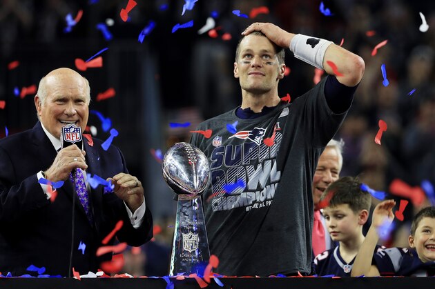 HOUSTON, TX - FEBRUARY 05:  Tom Brady #12 of the New England Patriots holds the Vince Lombardi Trophy after defeating the Atlanta Falcons 34-28 in overtime during Super Bowl 51 at NRG Stadium on February 5, 2017 in Houston, Texas.  (Photo by Mike Ehrmann/Getty Images)