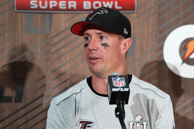 HOUSTON, TX - FEBRUARY 05:  Matt Ryan #2 of the Atlanta Falcons speaks with the media during a press conference after losing 34-28 to the New England Patriots in Super Bowl 51 at NRG Stadium on February 5, 2017 in Houston, Texas.  (Photo by Larry Busacca/Getty Images)