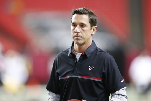 Aug 11, 2016; Atlanta, GA, USA; Atlanta Falcons offensive coordinator Kyle Shanahan before a game against the Washington Redskins at the Georgia Dome. Mandatory Credit: Brett Davis-USA TODAY Sports