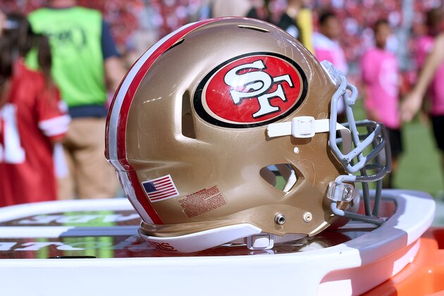 SANTA CLARA, CA - OCTOBER 23:  A detailed view of the helmet belonging to a San Francisco 49ers player sitting on a Gatorade cooler during an NFL football game against the Tampa Bay Buccaneers at Levi's Stadium on October 23, 2016 in Santa Clara, California.  (Photo by Thearon W. Henderson/Getty Images)