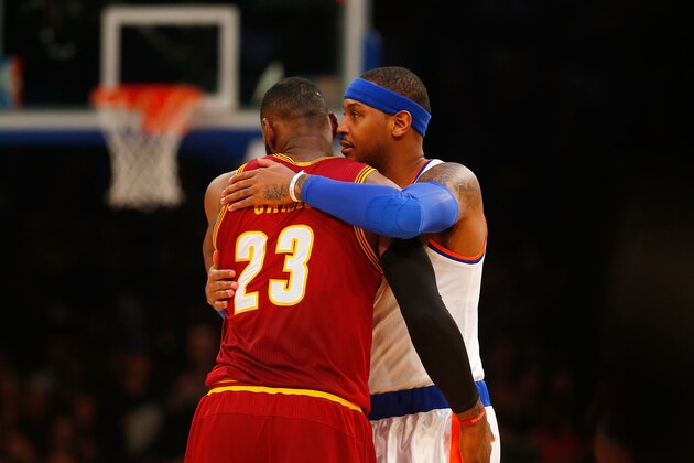 NEW YORK, NY - DECEMBER 07:  (NEW YORK DAILIES OUT)    Carmelo Anthony #7 of the New York Knicks greets LeBron James #23 of the Cleveland Cavaliers before their game at Madison Square Garden on December 7, 2016 in New York City. The Cavaliers defeated the Knicks 126-94.  NOTE TO USER: User expressly acknowledges and agrees that, by downloading and/or using this Photograph, user is consenting to the terms and conditions of the Getty Images License Agreement.  (Photo by Jim McIsaac/Getty Images)