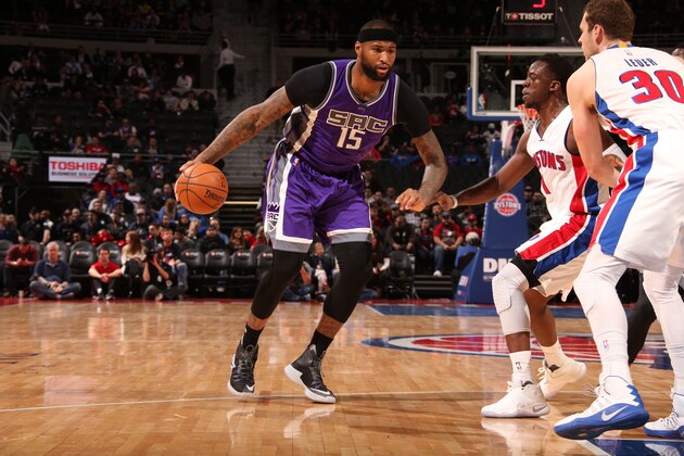 AUBURN HILLS, MI - JANUARY 23: DeMarcus Cousins #15 of the Sacramento Kings handles the ball against the Detroit Pistons on January 23, 2017 at The Palace of Auburn Hills in Auburn Hills, Michigan. NOTE TO USER: User expressly acknowledges and agrees that, by downloading and/or using this photograph, User is consenting to the terms and conditions of the Getty Images License Agreement. Mandatory Copyright Notice: Copyright 2017 NBAE (Photo by Brian Sevald/NBAE via Getty Images)