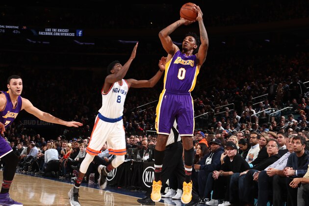 NEW YORK, NY - FEBRUARY 6:  Nick Young #0 of the Los Angeles Lakers shoots the ball during a game against the New York Knicks on February 6, 2017 at Madison Square Garden in New York City, New York.  NOTE TO USER: User expressly acknowledges and agrees that, by downloading and/or using this photograph, user is consenting to the terms and conditions of the Getty Images License Agreement. Mandatory Copyright Notice: Copyright 2017 NBAE (Photo by Nathaniel S. Butler/NBAE via Getty Images)