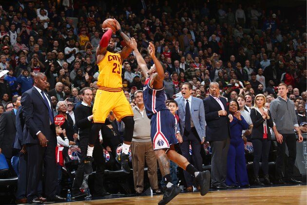 WASHINGTON, DC - FEBRUARY 6: LeBron James #23 of the Cleveland Cavaliers shoots the tie-winning shot during the game against the Washington Wizards on February 6, 2017 at Verizon Center in Washington, DC. NOTE TO USER: User expressly acknowledges and agrees that, by downloading and or using this Photograph, user is consenting to the terms and conditions of the Getty Images License Agreement. Mandatory Copyright Notice: Copyright 2017 NBAE (Photo by Ned Dishman/NBAE via Getty Images)