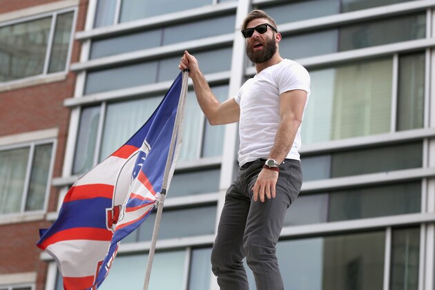 BOSTON, MA - FEBRUARY 04:  Julian Edelman of the New England Patriots celebrates during a Super Bowl victory parade on February 4, 2015 in Boston, Massachusetts. The Patriots defeated the Seattle Seahawks 28-24 in Super Bowl XLIX. (Photo by Billie Weiss/Getty Images)
