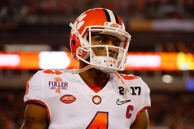 TAMPA, FL - JANUARY 09:  Quarterback Deshaun Watson #4 of the Clemson Tigers looks on in the first half while taking on the Alabama Crimson Tide in the 2017 College Football Playoff National Championship Game at Raymond James Stadium on January 9, 2017 in Tampa, Florida.  (Photo by Kevin C. Cox/Getty Images)