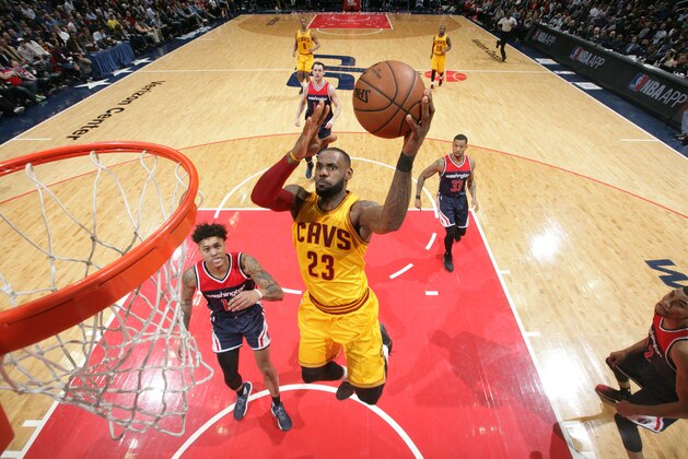 WASHINGTON, DC - FEBRUARY 6:  LeBron James #23 of the Cleveland Cavaliers shoots the ball against the Washington Wizards during the game on February 6, 2017 at Verizon Center in Washington, DC. NOTE TO USER: User expressly acknowledges and agrees that, by downloading and or using this Photograph, user is consenting to the terms and conditions of the Getty Images License Agreement. Mandatory Copyright Notice: Copyright 2017 NBAE (Photo by Ned Dishman/NBAE via Getty Images)