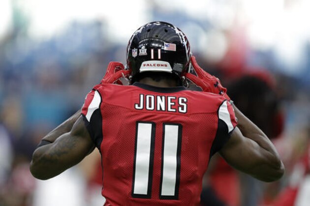Atlanta Falcons' Julio Jones warms up before the NFL Super Bowl 51 football game against the New England Patriots Sunday, Feb. 5, 2017, in Houston. (AP Photo/Darron Cummings)