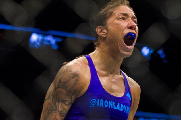 DALLAS, TX - MARCH 14:  Germaine de Randamie celebrates after defeating Larissa Pacheco during UFC 185 at the American Airlines Center on March 14, 2015 in Dallas, Texas. (Photo by Cooper Neill/Zuffa LLC/Zuffa LLC via Getty Images)