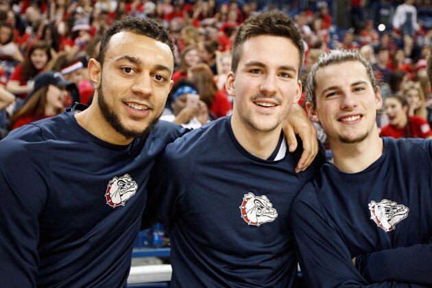 SPOKANE, WA - FEBRUARY 04:  (L- R) Nigel Williams-Goss #5, Dustin Triano #55 and Rem Bakamus #15 of the Gonzaga Bulldogs look on prior to the start against the Santa Clara Broncos at McCarthey Athletic Center on February 4, 2017 in Spokane, Washington.  Gonzaga defeated Santa Clara 90-55.  (Photo by William Mancebo/Getty Images)