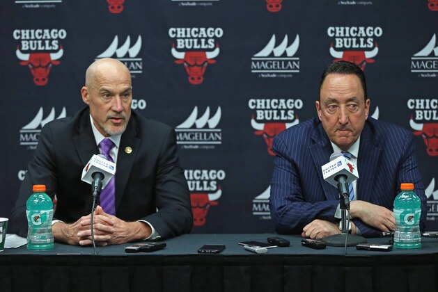 CHICAGO, IL - APRIL 13:  John Paxson, Vice President of Basketball Operations (L) and Gar Forman, General Manager of the Chicago Bulls, address the media following the Bulls last game of the season against the Philadelphia 76ers
at the United Center on April 13, 2016 in Chicago, Illinois. The Bulls defeated the 76ers 115-105. NOTE TO USER: User expressly acknowledges and agrees that, by downloading and or using the photograph, User is consenting to the terms and conditions of the Getty Images License Agreement.  (Photo by Jonathan Daniel/Getty Images)
