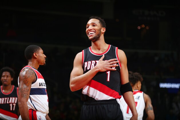 WASHINGTON, DC -  JANUARY 16:  Evan Turner #1 of the Portland Trail Blazers reacts to a play against the Washington Wizards during the game on January 16, 2017 at Verizon Center in Washington, DC. NOTE TO USER: User expressly acknowledges and agrees that, by downloading and or using this Photograph, user is consenting to the terms and conditions of the Getty Images License Agreement. Mandatory Copyright Notice: Copyright 2017 NBAE (Photo by Ned Dishman/NBAE via Getty Images)