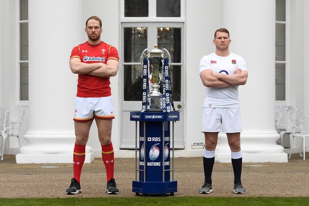 LONDON, ENGLAND - JANUARY 25:Alun Wyn Jones, Captain of Wales and Dylan Hartley, Captain of England (R) pose with the Six Nations Trophy during the 2017 RBS Six Nations launch at The Hurlingham Club on January 25, 2017 in London, England.  (Photo by Stu Forster/Getty Images)