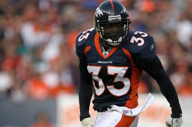 DENVER - NOVEMBER 02:  Safety Marquand Manuel #33 of the Denver Broncos celebrates after a play against the Miami Dolphins during NFL action at Invesco Field at Mile High on November 2, 2008 in Denver, Colorado. The Dolphins defeated the Broncos 26-17.  (Photo by Doug Pensinger/Getty Images)