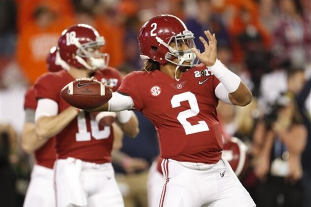 Alabama's Jalen Hurts warms up before the NCAA college football playoff championship game against Clemson Monday, Jan. 9, 2017, in Tampa, Fla. (AP Photo/John Bazemore)