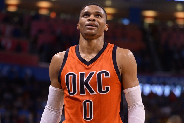 Feb 5, 2017; Oklahoma City, OK, USA; Oklahoma City Thunder guard Russell Westbrook (0) reacts after a play against the Portland Trail Blazers during the fourth quarter at Chesapeake Energy Arena. Mandatory Credit: Mark D. Smith-USA TODAY Sports