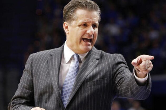 Kentucky head coach John Calipari points to his bench during the second half of an NCAA college basketball game against LSU, Tuesday, Feb. 7, 2017, in Lexington, Ky. Kentucky won 92-85.(AP Photo/James Crisp)