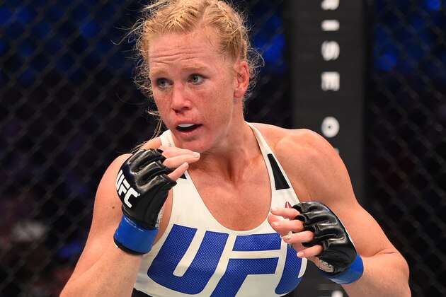 MELBOURNE, AUSTRALIA - NOVEMBER 15:  Holly Holm of the United States battles Ronda Rousey of the United States in their UFC women's bantamweight championship bout during the UFC 193 event at Etihad Stadium on November 15, 2015 in Melbourne, Australia. (Photo by Josh Hedges/Zuffa LLC/Zuffa LLC via Getty Images)