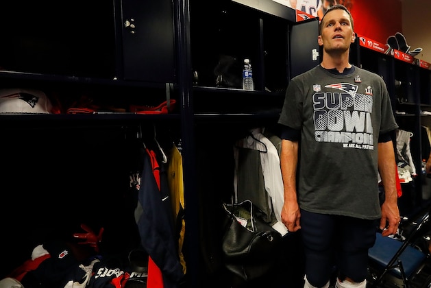 HOUSTON, TX - FEBRUARY 05:  Tom Brady #12 of the New England Patriots reacts in the locker room after defeating the Atlanta Falcons during Super Bowl 51 at NRG Stadium on February 5, 2017 in Houston, Texas.  (Photo by Kevin C. Cox/Getty Images)