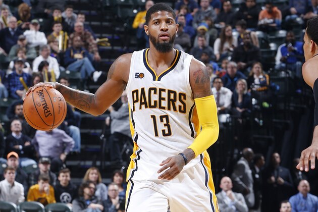 INDIANAPOLIS, IN - FEBRUARY 06: Paul George #13 of the Indiana Pacers handles the ball against the Oklahoma City Thunder in the second half of the game at Bankers Life Fieldhouse on February 6, 2017 in Indianapolis, Indiana. The Pacers defeated the Thunder 93-90. NOTE TO USER: User expressly acknowledges and agrees that, by downloading and or using the photograph, User is consenting to the terms and conditions of the Getty Images License Agreement. (Photo by Joe Robbins/Getty Images)