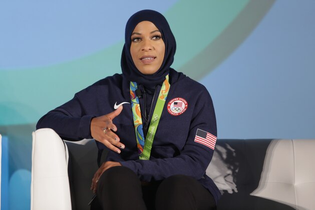 LOS ANGELES, CA - OCTOBER 27:  Olympian Ibtihaj Muhammad speaks at the 5th Annual LA84 Foundation Summit on October 27, 2016 in Los Angeles, California.  (Photo by Jerritt Clark/Getty Images for LA84 Foundation)