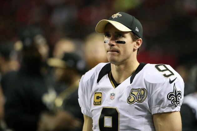 ATLANTA, GA - JANUARY 01: Drew Brees #9 of the New Orleans Saints looks on from the sidelines during the second half against the Atlanta Falcons at the Georgia Dome on January 1, 2017 in Atlanta, Georgia. (Photo by Maddie Meyer/Getty Images)
