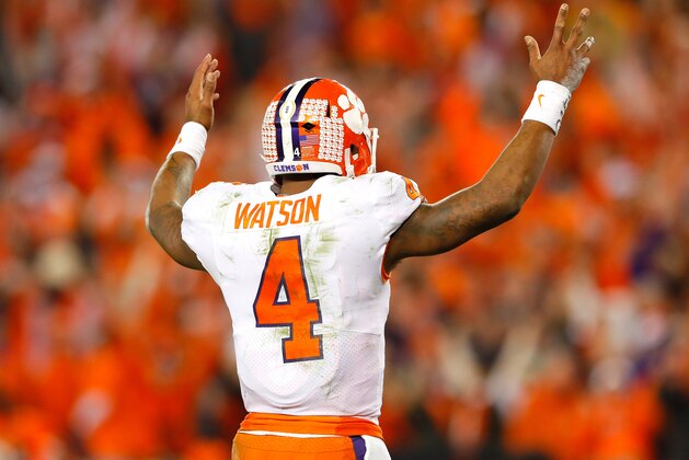 TAMPA, FL - JANUARY 09:  Quarterback Deshaun Watson #4 of the Clemson Tigers reacts after a touchdown by running back Wayne Gallman #9 (not pictured) during the fourth quarter against the Alabama Crimson Tide in the 2017 College Football Playoff National Championship Game at Raymond James Stadium on January 9, 2017 in Tampa, Florida.  (Photo by Kevin C. Cox/Getty Images)