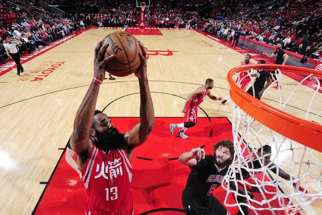 HOUSTON, TX - FEBRUARY 3:  James Harden #13 of the Houston Rockets shoots the ball against the Chicago Bulls during the game on February 3, 2017 at the Toyota Center in Houston, Texas. NOTE TO USER: User expressly acknowledges and agrees that, by downloading and or using this photograph, User is consenting to the terms and conditions of the Getty Images License Agreement. Mandatory Copyright Notice: Copyright 2017 NBAE (Photo by Bill Baptist/NBAE via Getty Images)