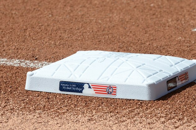 DETROIT, MI - SEPTEMBER 11:  A detailed view of the special base used during the First Responders Recognition Day game between the Detroit Tigers and the Baltimore Orioles at Comerica Park on September 11, 2016 in Detroit, Michigan. The Orioles defeated the Tigers 3-1.  (Photo by Mark Cunningham/MLB Photos via Getty Images)