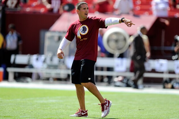 LANDOVER, MD - SEPTEMBER 22:  Offensive Coordinator Matt Lafleur of the Washington Redskins watches the teams warm up before the game against the Detroit Lions at FedExField on September 22, 2013 in Landover, Maryland.  (Photo by G Fiume/Getty Images)