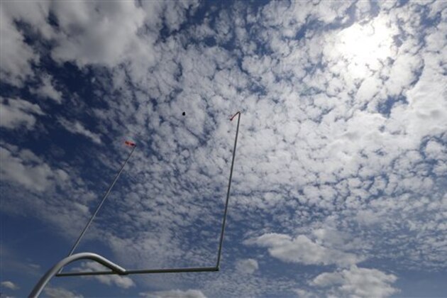 A ball goes through the goal post uprights during Minnesota Vikings NFL football training camp, Monday, July 29, 2013, in Mankato, Minn. (AP Photo/Charlie Neibergall) A ball goes through the goal post uprights during Minnesota Vikings NFL football training camp, Monday, July 29, 2013, in Mankato, Minn. (AP Photo/Charlie Neibergall)