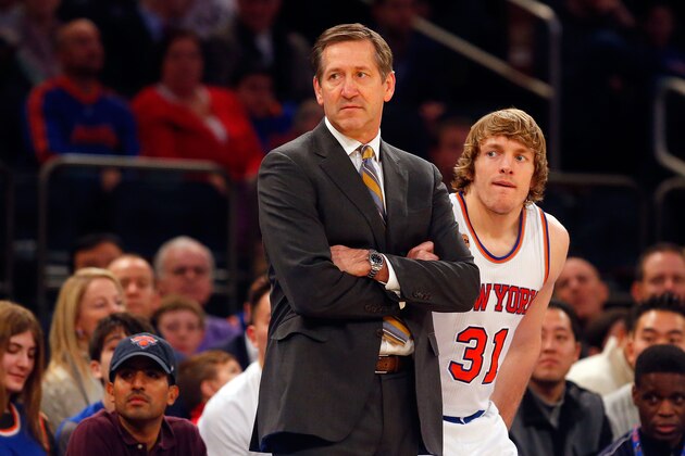 NEW YORK, NY - JANUARY 16:  (NEW YORK DAILIES OUT)    Head coach Jeff Hornacek and Ron Baker #31 of the New York Knicks look on against the Atlanta Hawks at Madison Square Garden on January 16, 2017 in New York City. The Hawks defeated the Knicks 108-107.  NOTE TO USER: User expressly acknowledges and agrees that, by downloading and/or using this Photograph, user is consenting to the terms and conditions of the Getty Images License Agreement.  (Photo by Jim McIsaac/Getty Images)