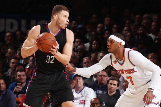 NEW YORK, NY - FEBRUARY 8:  Blake Griffin #32 of the LA Clippers handles the ball against Carmelo Anthony #7 of the New York Knicks during the game on February 8, 2017 at Madison Square Garden in New York City, New York.  NOTE TO USER: User expressly acknowledges and agrees that, by downloading and or using this photograph, User is consenting to the terms and conditions of the Getty Images License Agreement. Mandatory Copyright Notice: Copyright 2017 NBAE  (Photo by Nathaniel S. Butler/NBAE via Getty Images)