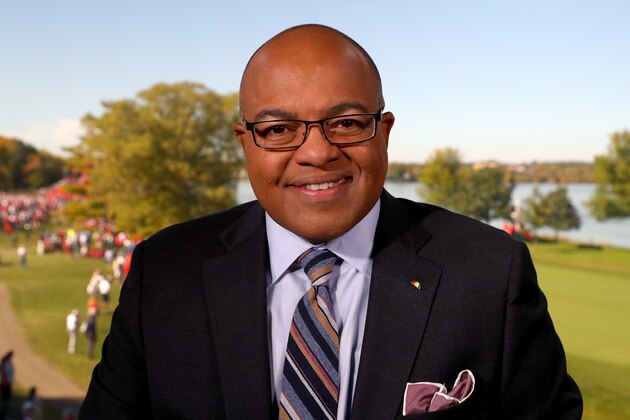 CHASKA, MN - OCTOBER 02:  TV personality Mike Tirico looks on during singles matches of the 2016 Ryder Cup at Hazeltine National Golf Club on October 2, 2016 in Chaska, Minnesota.  (Photo by Getty Images/Getty Images)