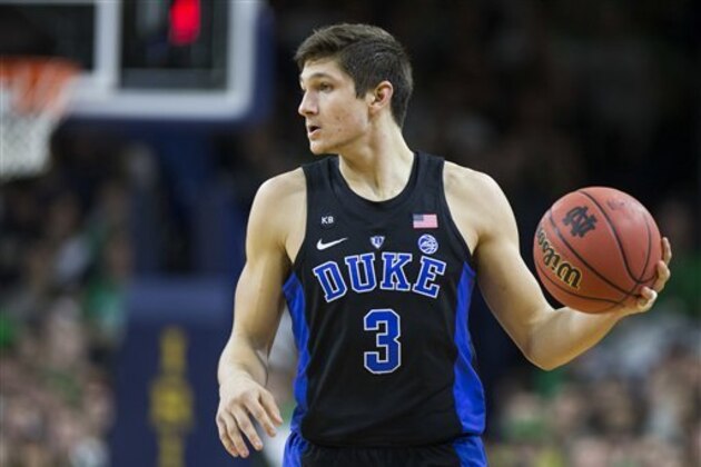 Duke’s Grayson Allen (3) moves the ball downcourt during the first half of an NCAA college basketball game against Notre Dame Monday, Jan. 30, 2017, in South Bend, Ind. (AP Photo/Robert Franklin)