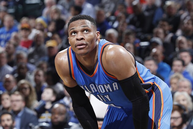 INDIANAPOLIS, IN - FEBRUARY 06: Russell Westbrook #0 of the Oklahoma City Thunder looks on against the Indiana Pacers in the second half of the game at Bankers Life Fieldhouse on February 6, 2017 in Indianapolis, Indiana. The Pacers defeated the Thunder 93-90. NOTE TO USER: User expressly acknowledges and agrees that, by downloading and or using the photograph, User is consenting to the terms and conditions of the Getty Images License Agreement. (Photo by Joe Robbins/Getty Images)