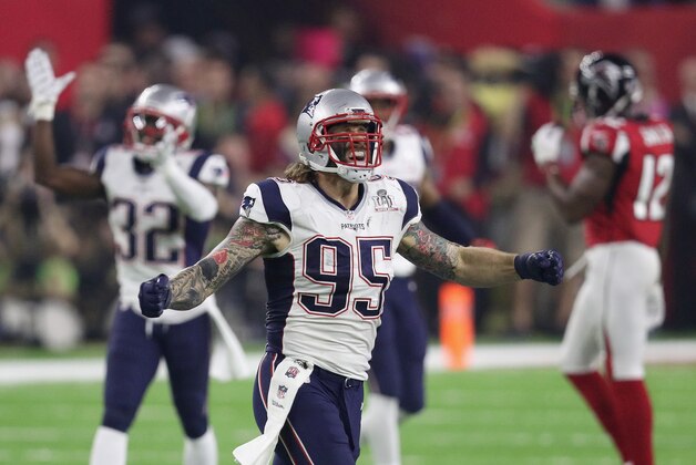 HOUSTON, TX - FEBRUARY 05:  Chris Long #95 of the New England Patriots reacts during the fourth quarter against the Atlanta Falcons during Super Bowl 51 at NRG Stadium on February 5, 2017 in Houston, Texas.  (Photo by Patrick Smith/Getty Images)