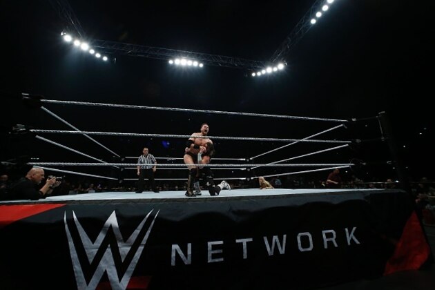 Wrestlers The Miz and Dolph Ziggler fight during a show at the AccorHotels Arena in Paris, as part of the WrestleMania Revenge Tour, the World Wrestling Entertainment (WWE) European tour, on April 22, 2016.  / AFP / THOMAS SAMSON        (Photo credit should read THOMAS SAMSON/AFP/Getty Images)