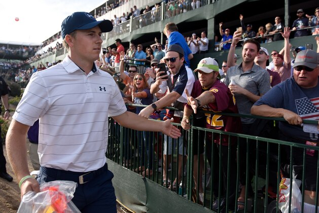 SCOTTSDALE, AZ - FEBRUARY 03:  Jordan Spieth acknowledges the fans on the 16th hole during the second round of the Waste Management Phoenix Open at TPC Scottsdale on February 3, 2017 in Scottsdale, Arizona.  (Photo by Jared C. Tilton/Getty Images)