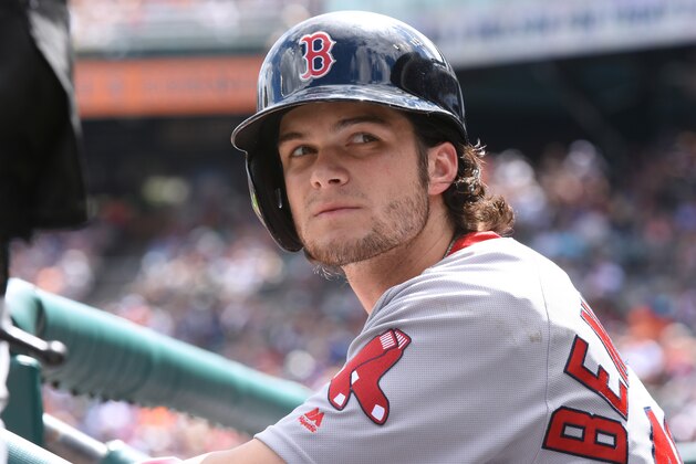 DETROIT, MICHIGAN - AUGUST 21:  Andrew Benintendi #40 of the Boston Red Sox looks on during the game against the Detroit Tigers at Comerica Park on August 21, 2016 in Detroit, Michigan. The Tigers defeated the Red Sox 10-5.  (Photo by Mark Cunningham/MLB Photos via Getty Images)
