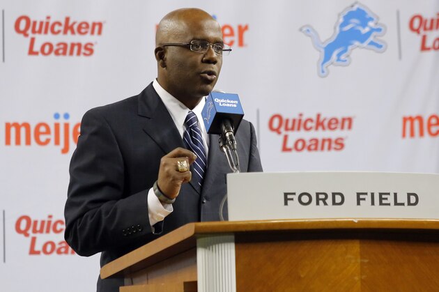 DETROIT, MI - JANUARY 15:  General Manager Martin Mayhew of the Detroit Lions introduces Jim Caldwell as the Lions head coach during a news conference at Ford Field on January 15, 2014 in Detroit, Michigan. (Photo by Duane Burleson/Getty Images)