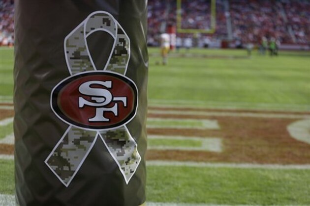 An NFL Salute to Service logo is shown on a goal post before an NFL football game between the San Francisco 49ers and the Washington Redskins in Santa Clara, Calif., Sunday, Nov. 23, 2014. (AP Photo/Ben Margot)